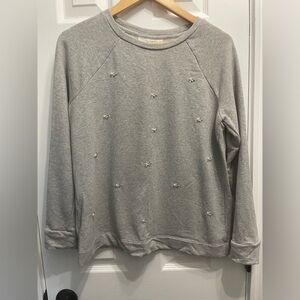 Loft Pearl Rhinestones Crew Neck Light Gray Sweater Size Medium
